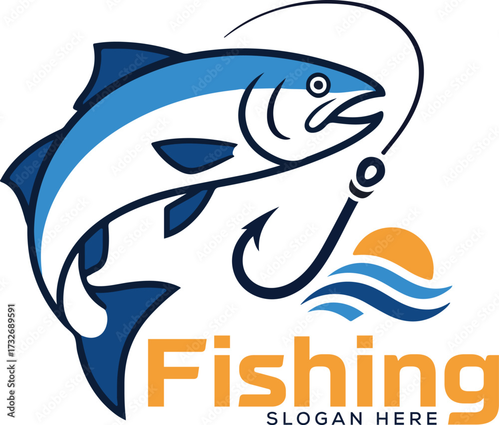 Obraz premium Fishing Logo Design with Jumping Fish, Hook, and Sunset Ocean Waves for Angling and Outdoors
