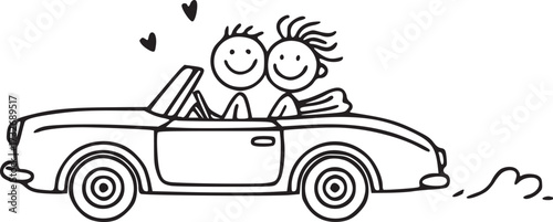 Joyride: A stick figure couple embarks on a romantic journey, their smiling faces and the open convertible hinting at freedom, love and adventure.
