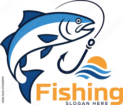 Fishing Logo Design with Jumping Fish, Hook, and Sunset Ocean Waves for Angling and Outdoors