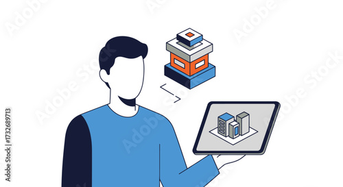 Man holding a tablet with a 3D building model and server icon.