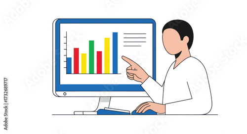 Businessman analyzing a colorful bar chart on a computer monitor.