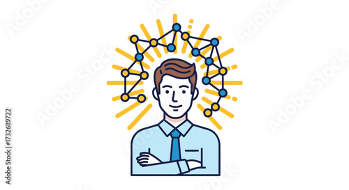 Man with interconnected thoughts and brilliant ideas.