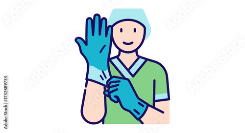 Cartoon illustration of a medical professional putting on gloves.