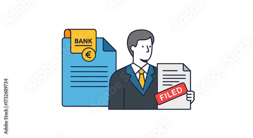 Businessman holding a filed document and bank statement illustration.