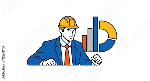 Engineer in a hard hat analyzing business data charts and graphs.