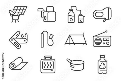 Portable heater survival compact icons set pot flashlight flint icon tools vector