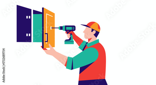 Handyman using a power drill to install a new cabinet door.