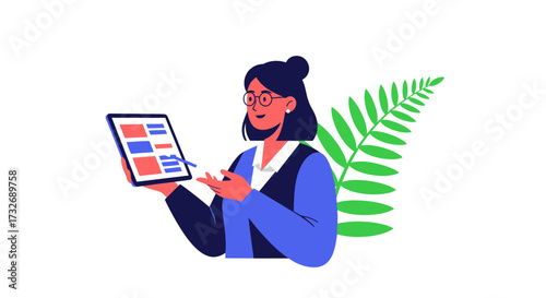 Professional woman with glasses using a digital tablet for work.
