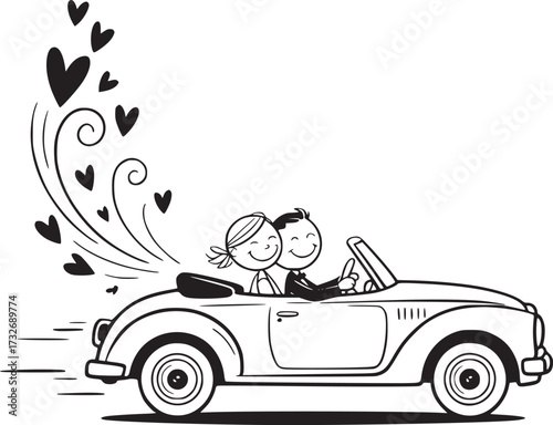Couple's Romantic Getaway in Classic Car: A newlywed couple embarks on their journey of love in a classic car, symbols of romance and shared happiness trailing behind.