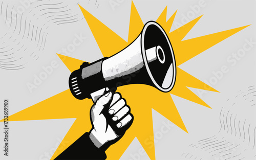 Hand holding megaphone bursting with sound shouting announcement