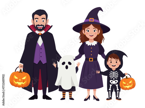 Halloween Family Illustration: A family dressed in Halloween costumes pose for a picture, with the father dressed as a vampire, the mother as a witch, one child as a ghost.