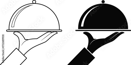 Food service icon illustration, cloche hand graphic in outline and silhouette styles, hospitality and dining symbols for restaurant, catering, and culinary presentation themes