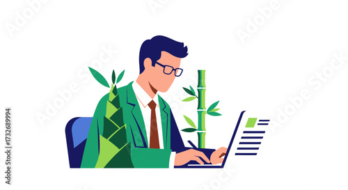 Businessman in a green suit working on a laptop surrounded by bamboo.