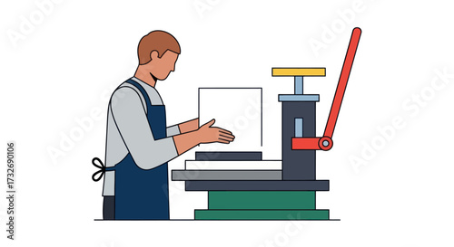 Craftsman in an apron operating a manual bookbinding press machine.