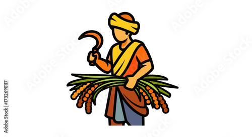 Stylized illustration of a traditional farmer harvesting crops.