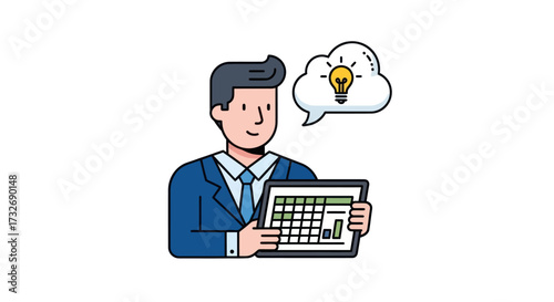 Businessman holding a tablet with a spreadsheet and having an idea.