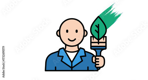 Man with a green leaf paintbrush promoting eco friendly painting.