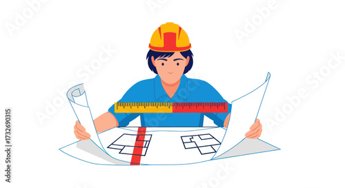 Female architect wearing a hard hat reviewing building blueprints.