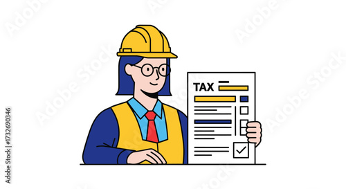 Female construction worker holding a financial tax document.