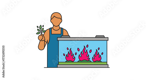 Stylized character with a plant observing fire in a tank.