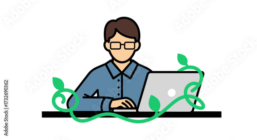 Man working on a laptop with green vines growing around him.