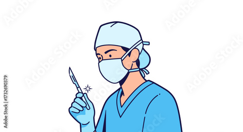 Illustration of a surgeon in scrubs holding a scalpel.