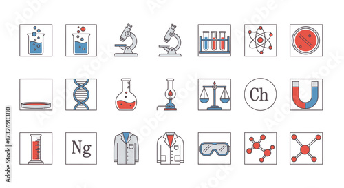 Science lab equipment and chemistry icons.