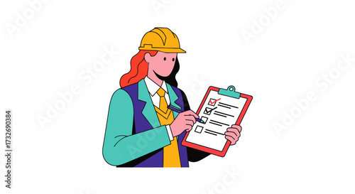 Female engineer in a hard hat reviewing a project checklist.