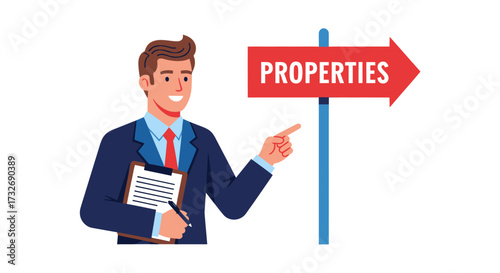 Professional real estate agent pointing to properties sign.
