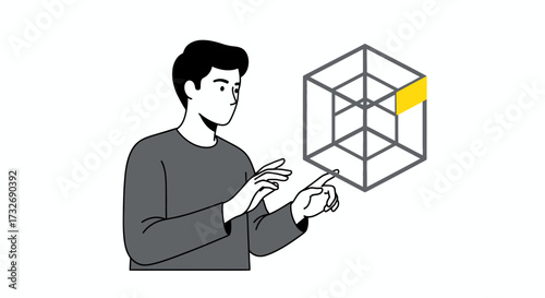 Young man interacting with a virtual 3D wireframe cube.