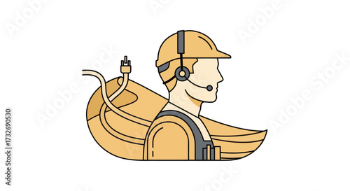 Industrial worker with hard hat and communication headset icon.