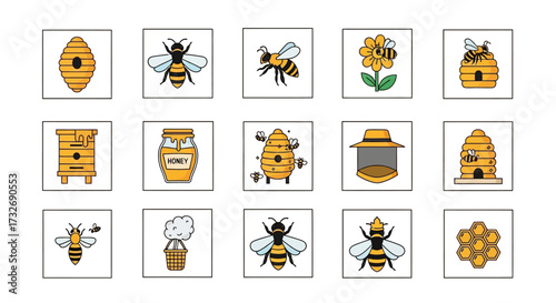 Set of colorful cartoon icons featuring bees honey and beekeeping elements.