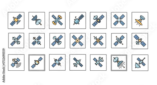 Set of colorful space satellite vector illustrations for technology.