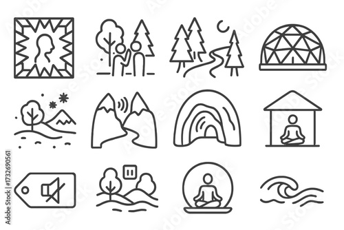 Retreat silence coast collection icon wave vector room meditation trail chamber mountain