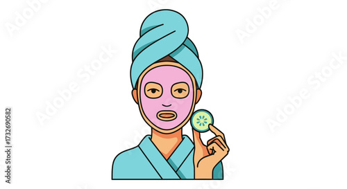 Woman in bathrobe with face mask holding cucumber slice.