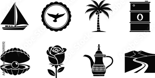 Traditional Middle Eastern cultural symbols vector set including sailing boat, palm tree, oil barrel, rose, pearl, coffee pot, desert.