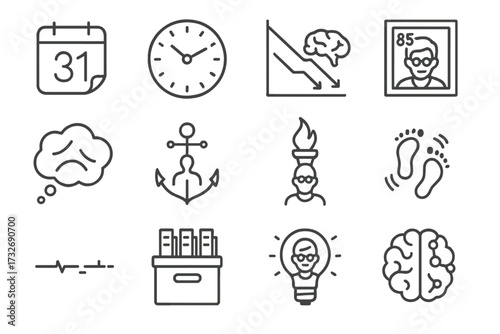 Timeline footsteps memory icons archive thought torch icon nodes decline aging anchor