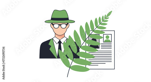 Mysterious man in a green hat and suit illustration.