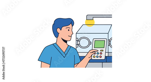 Medical professional in blue scrubs operating a machine.