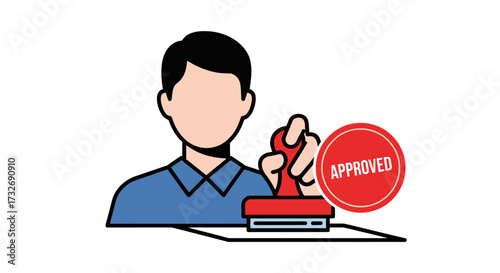 Businessman stamping a document with an approved seal icon.