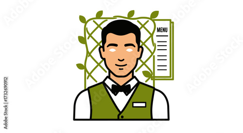 Illustration of a professional male waiter in uniform.