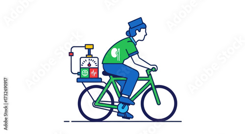 Illustrated person riding a green bicycle with a fuel pump machine.