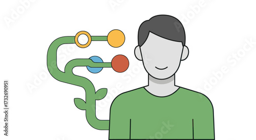 Man standing next to a branching decision tree diagram.