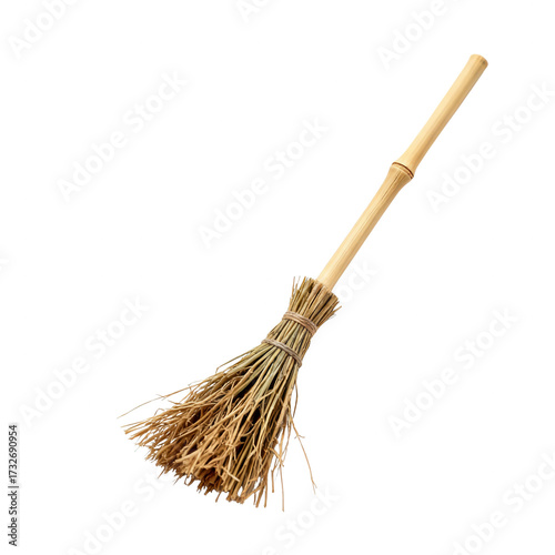 Simple Broom Made of Bamboo and Straw, Isolated on White Background