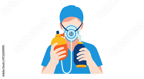 Healthcare worker in scrubs with respirator mask holding manual resuscitators.