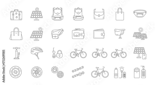 Sustainable Travel and Cycling Lifestyle Outline Icon Set.