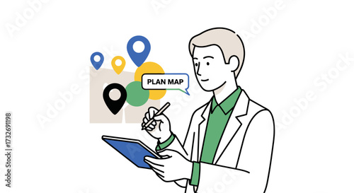 Businessman using a digital tablet and stylus to plan a map.