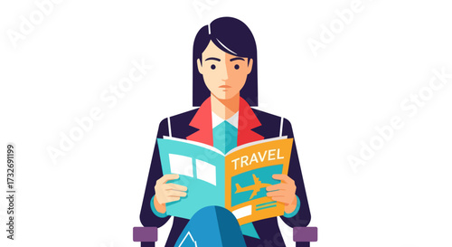 Professional woman sitting and reading a colorful travel magazine.