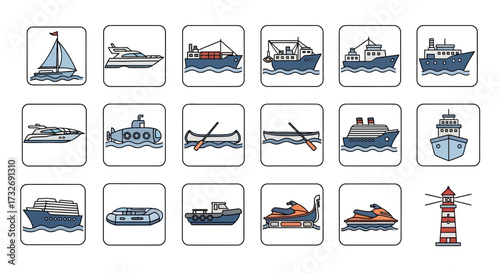 Variety of Water Vessels and a Lighthouse.