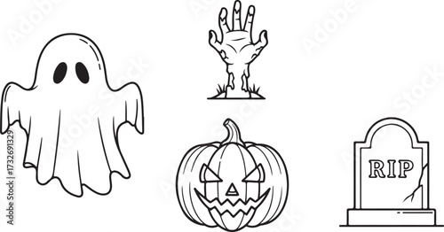 Black and White Line Art Set of Classic Halloween Symbols Including Ghost, Zombie Hand, Jack-o'-Lantern, and Tombstone